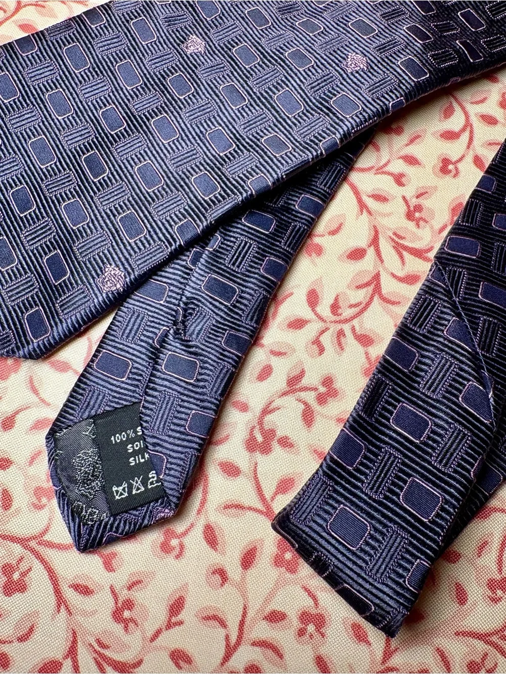 Versace Blue Geometric Jacquard Tie with Medusa Lavender Accents